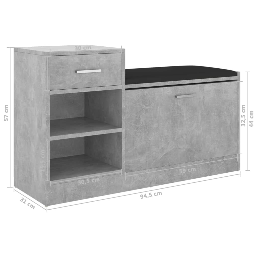 betonszürke szerelt fa cipőtároló pad 94,5 x 31 x 57 cm