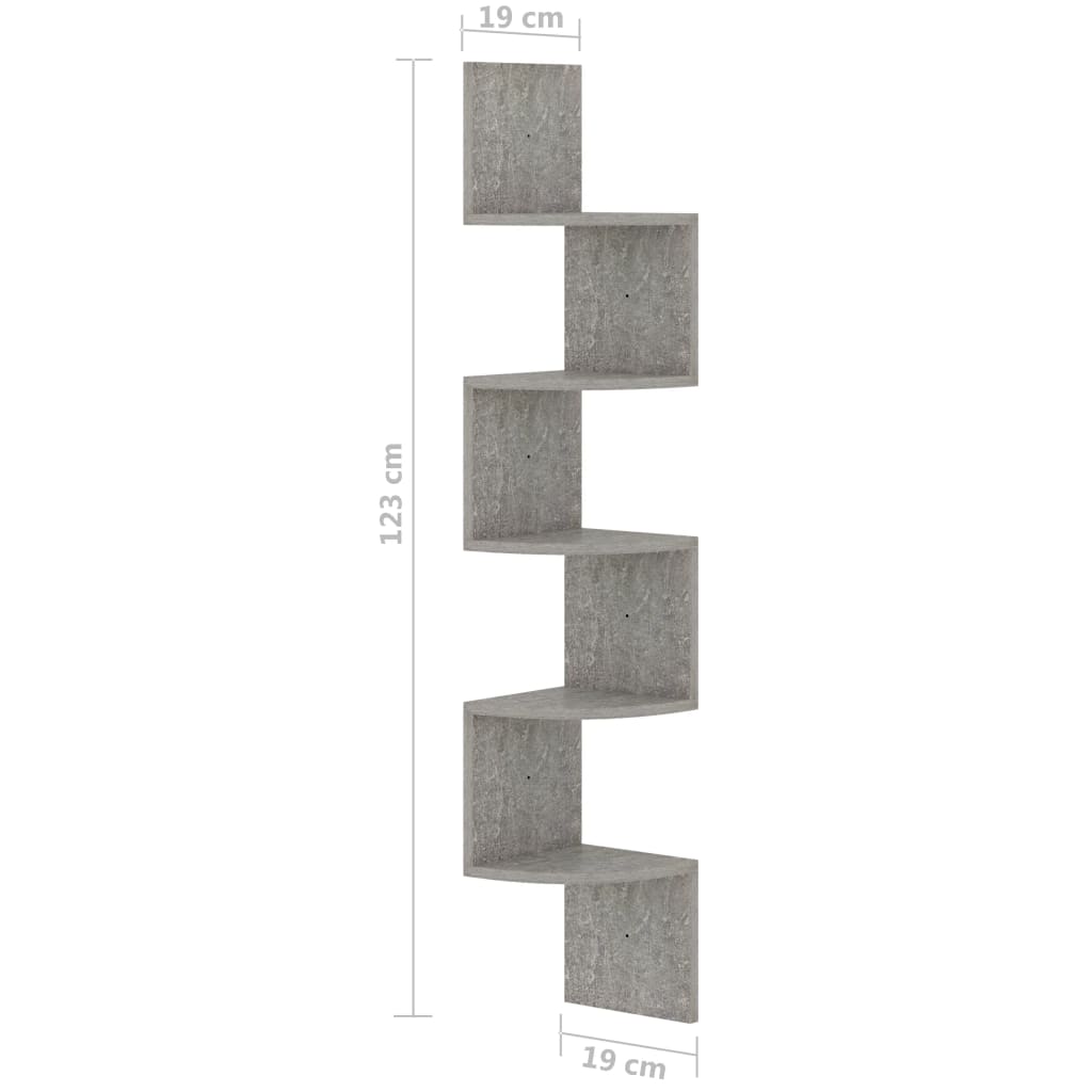 betonszürke szerelt fa fali sarokpolc 19 x 19 x 123 cm