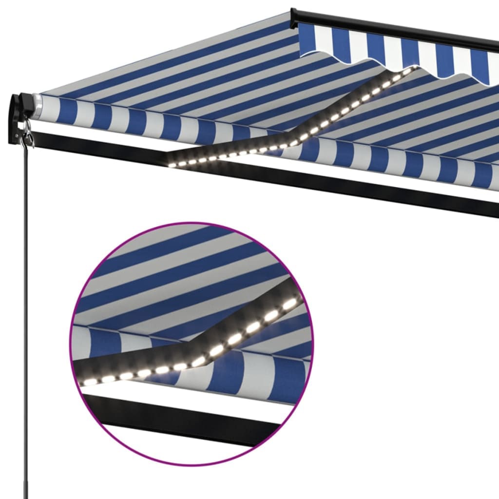kék és fehér kézzel kihúzható LED-es napellenző 400 x 300 cm