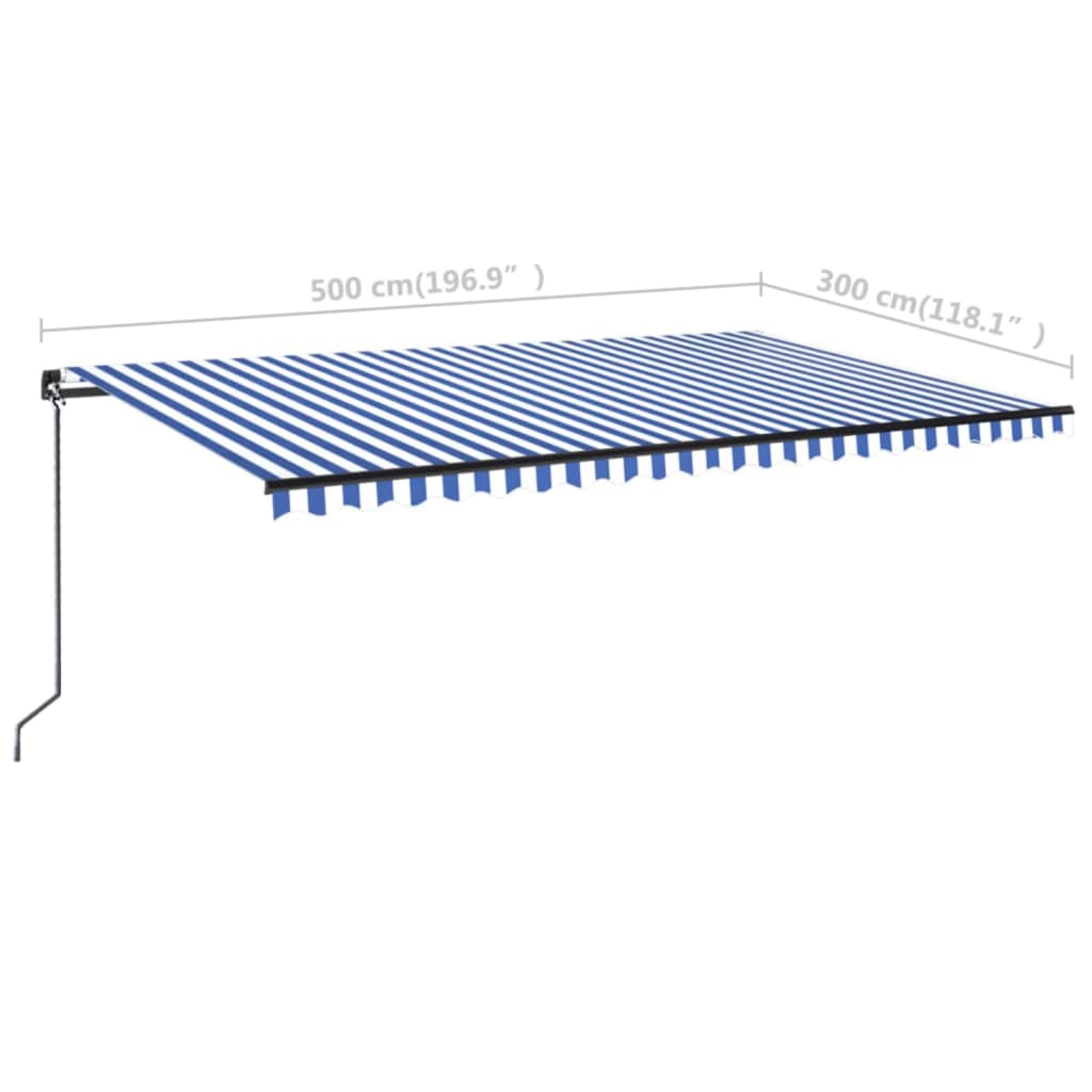 kék és fehér kézzel kihúzható LED-es napellenző 500 x 300 cm