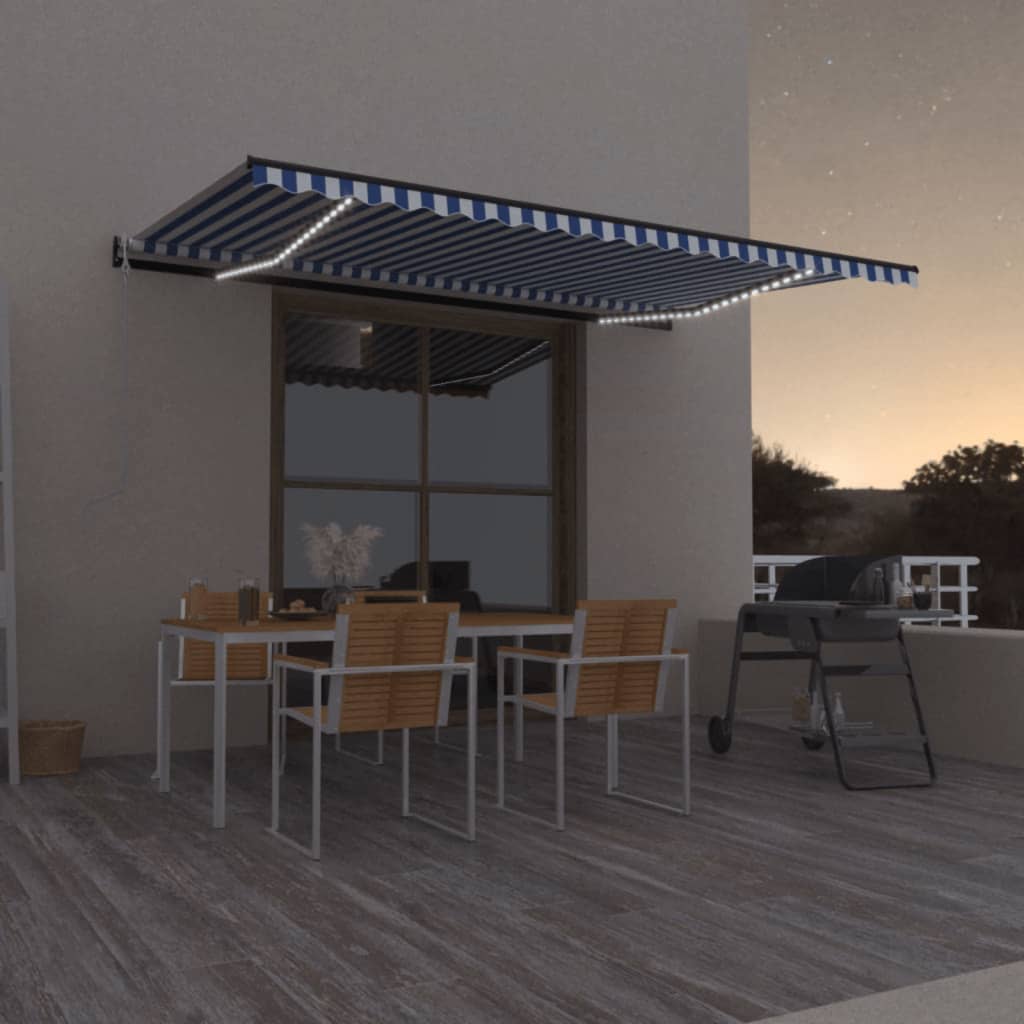 kék/fehér automata szélérzékelős és LED-es napellenző 500x300cm