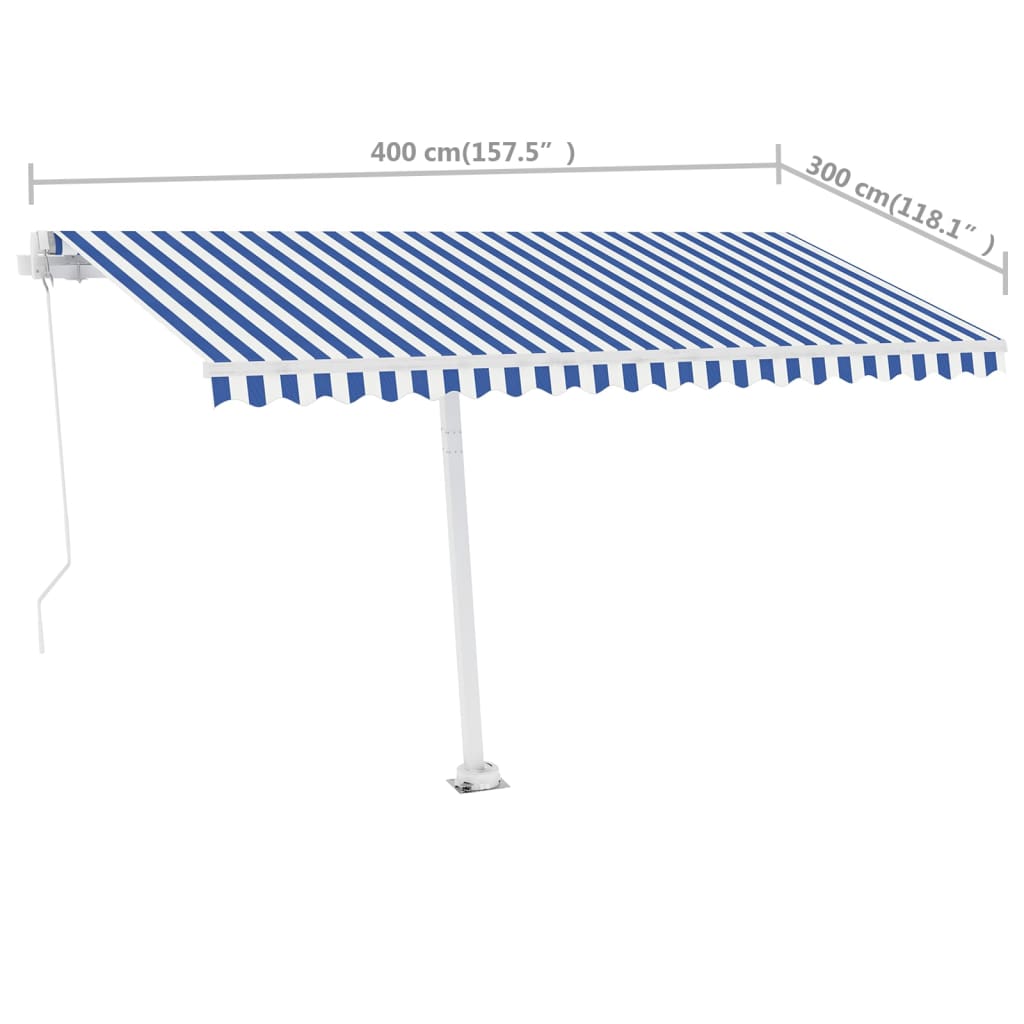 kék és fehér kézzel kihúzható póznás napellenző 400 x 300 cm