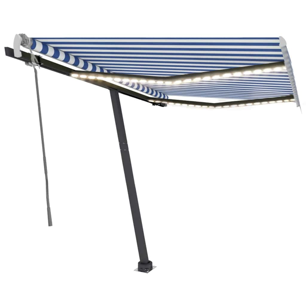 kék és fehér kézzel kihúzható LED-es napellenző 350x250 cm