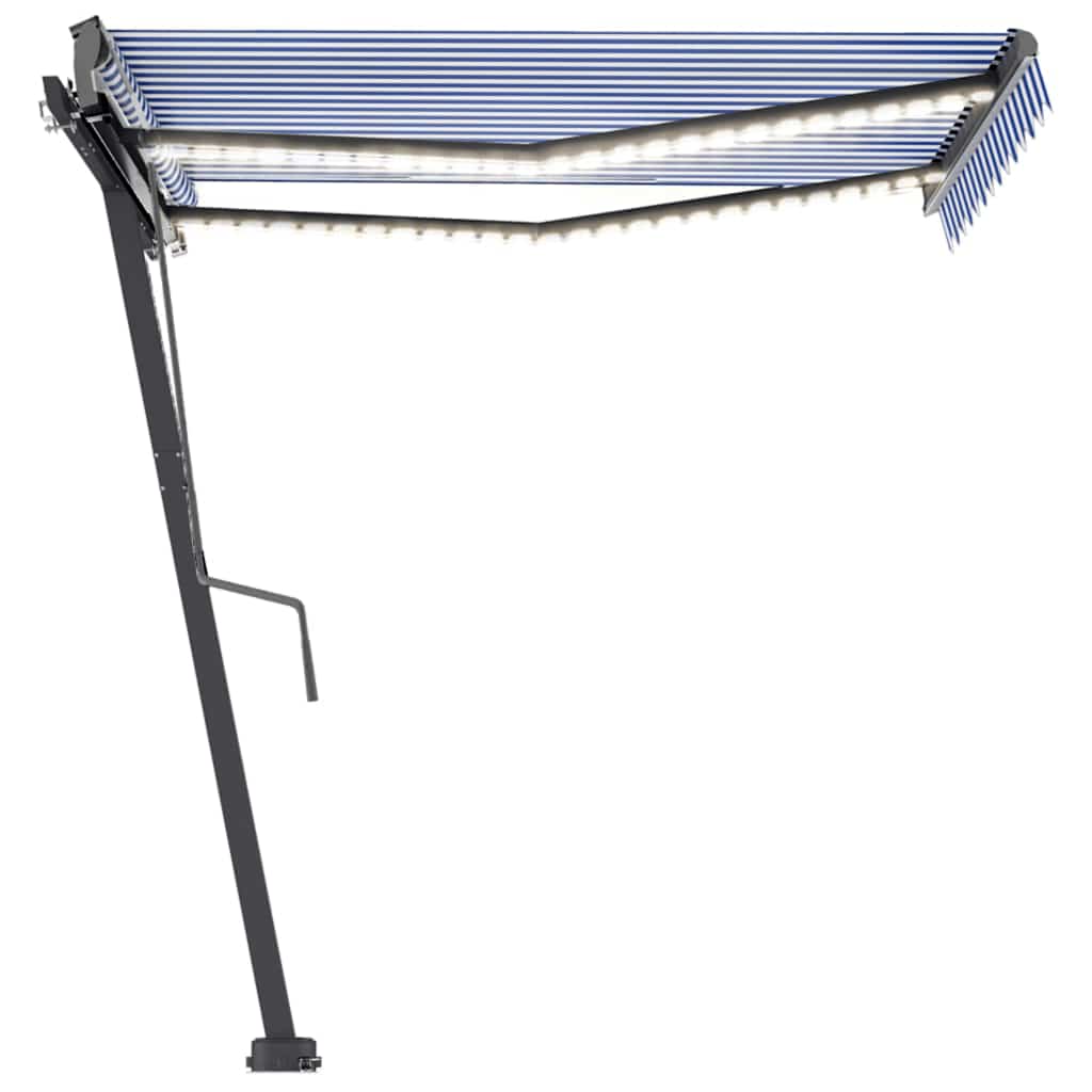 kék és fehér kézzel kihúzható LED-es napellenző 350x250 cm