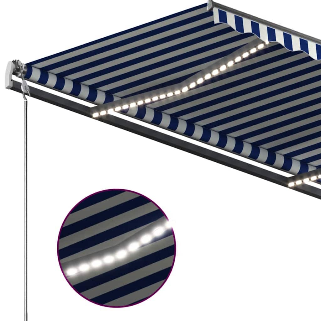 kék és fehér kézzel kihúzható LED-es napellenző 350x250 cm