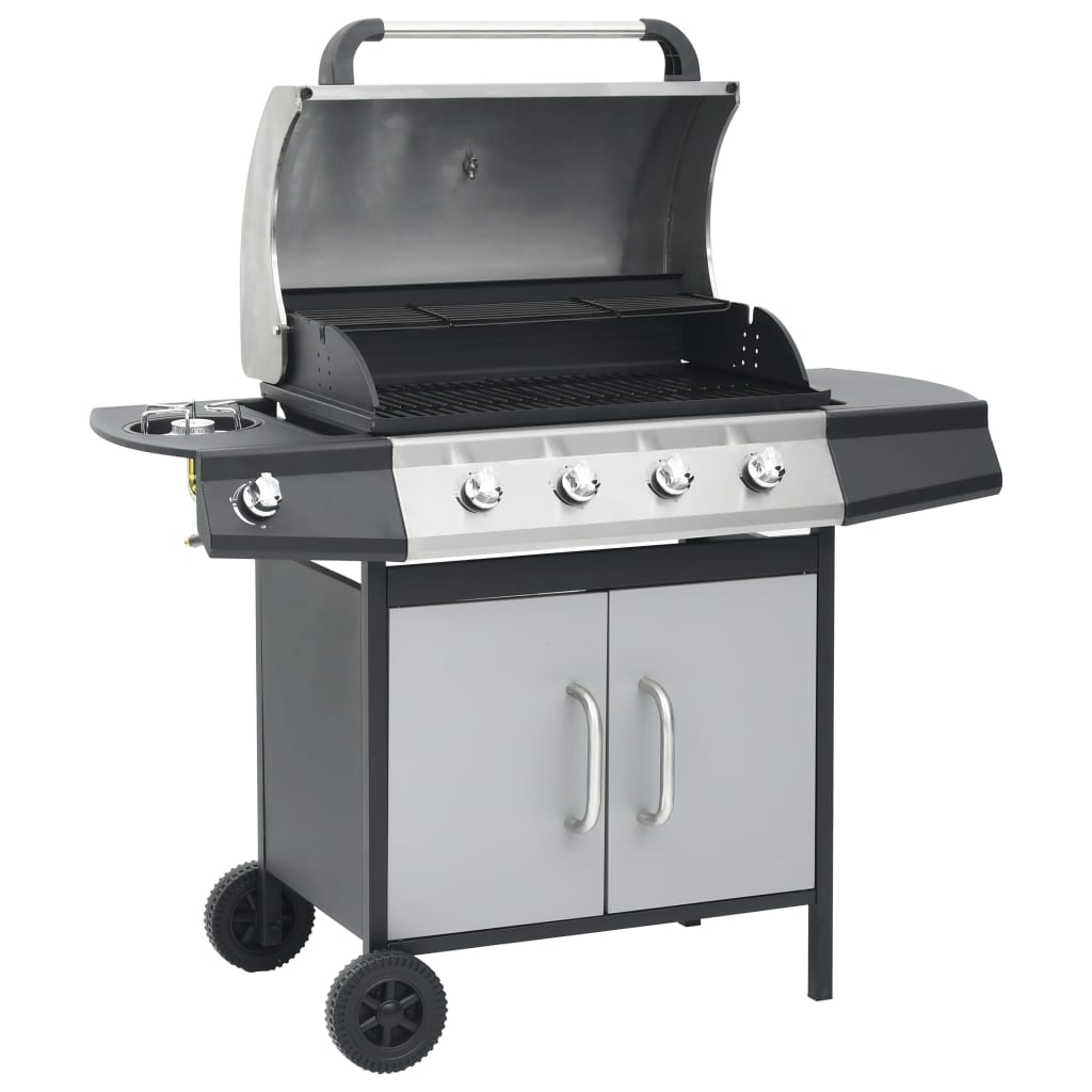 fekete és ezüst gázgrillsütő 4+1 főzőfelülettel