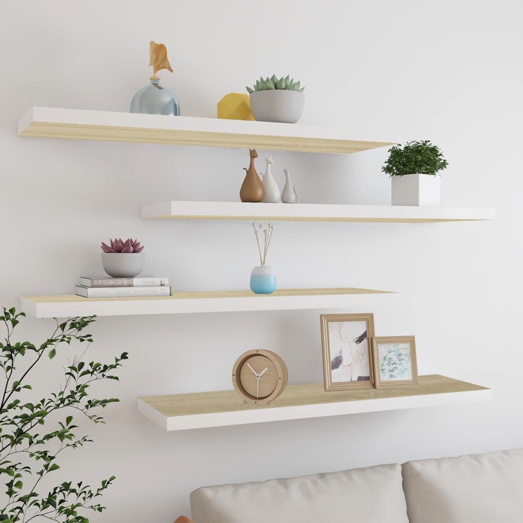 4 db fehér-tölgyszínű MDF lebegő fali polc 90 x 23,5 x 3,8 cm