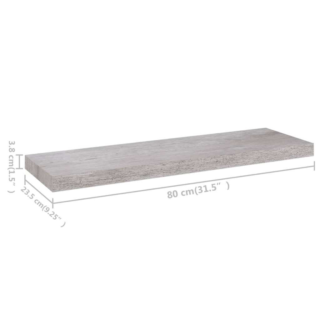 2 db betonszürke MDF lebegő fali polc 80 x 23,5 x 3,8 cm