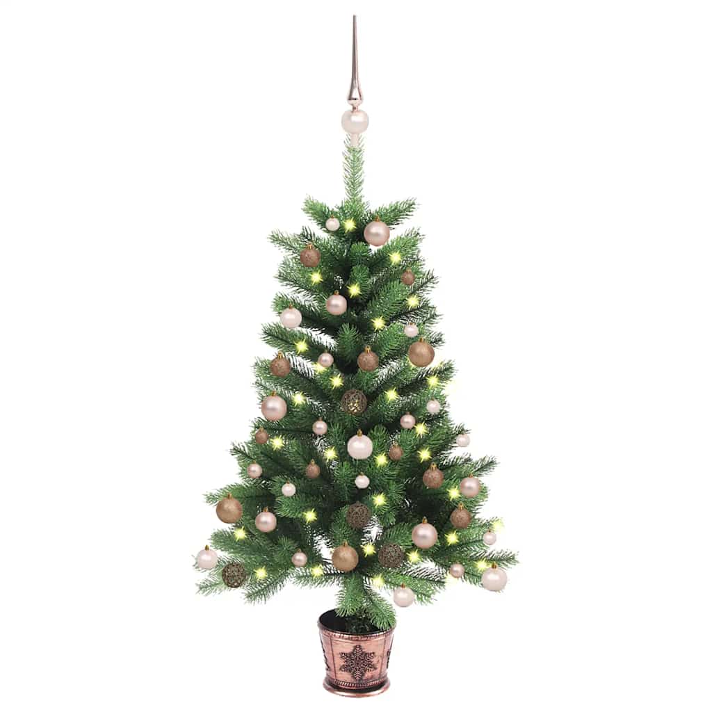 zöld megvilágított műkarácsonyfa gömb szettel 90 cm