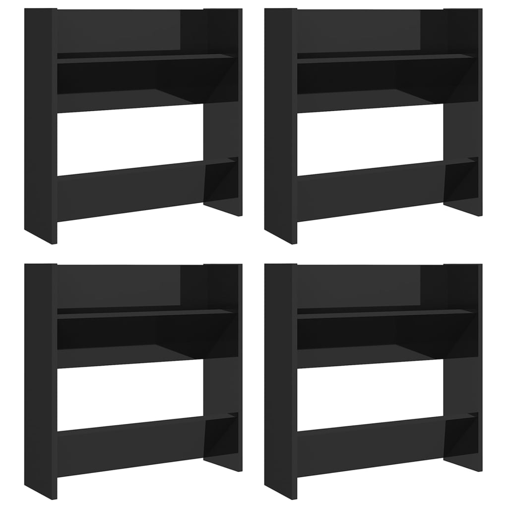 4 db magasfényű fekete szerelt fa fali cipősszekrény 60x18x60cm