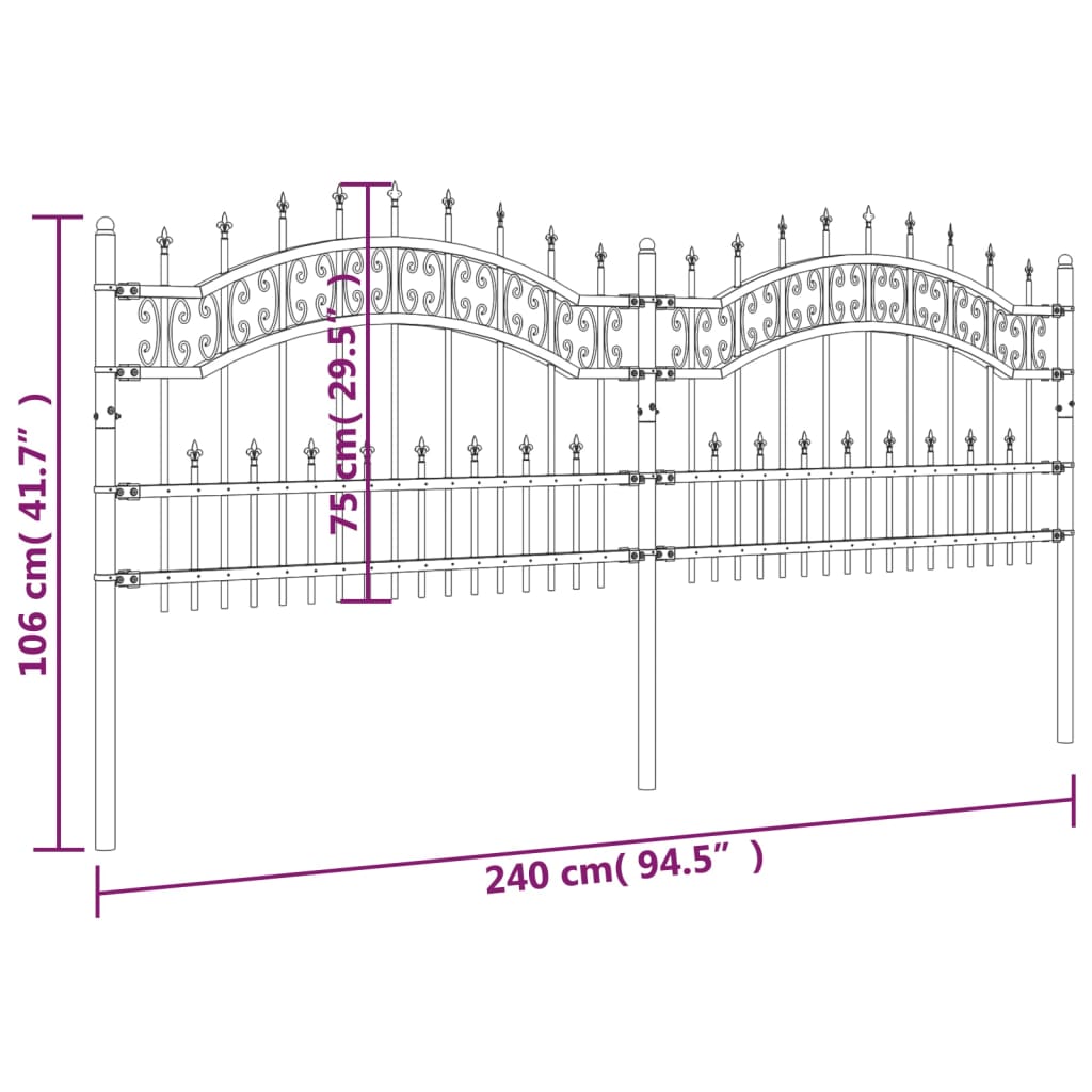 fekete porszórt acél kerti kerítés lándzsás tetejjel 240 x 75 cm