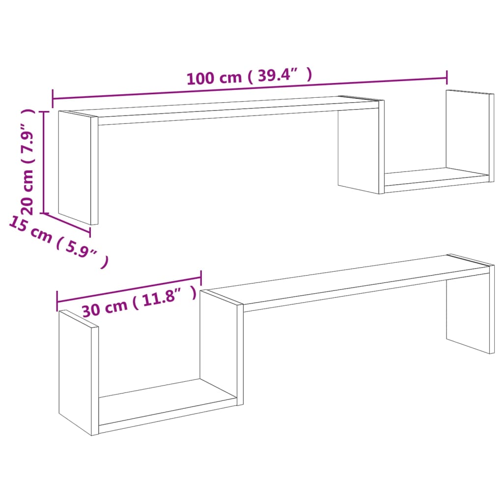 2 db betonszürke szerelt fa fali polc 100 x 15 x 20 cm