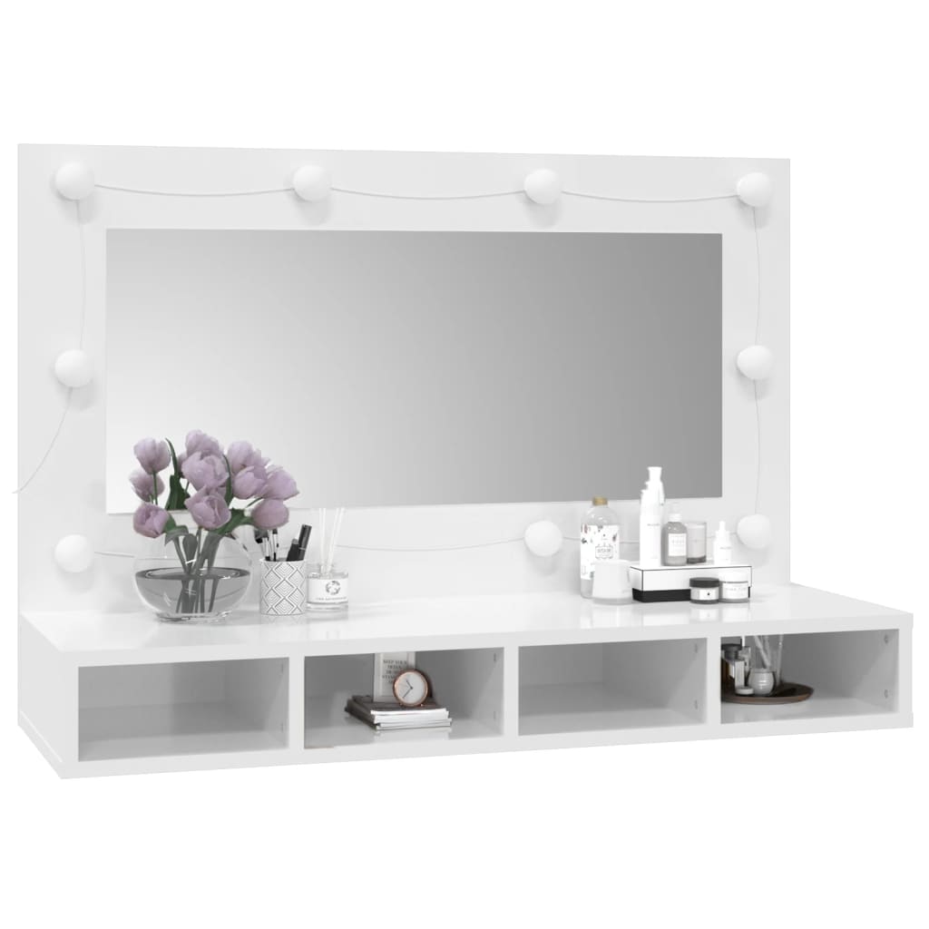 magasfényű fehér tükrös szekrény LED-ekkel 90 x 31,5 x 62 cm
