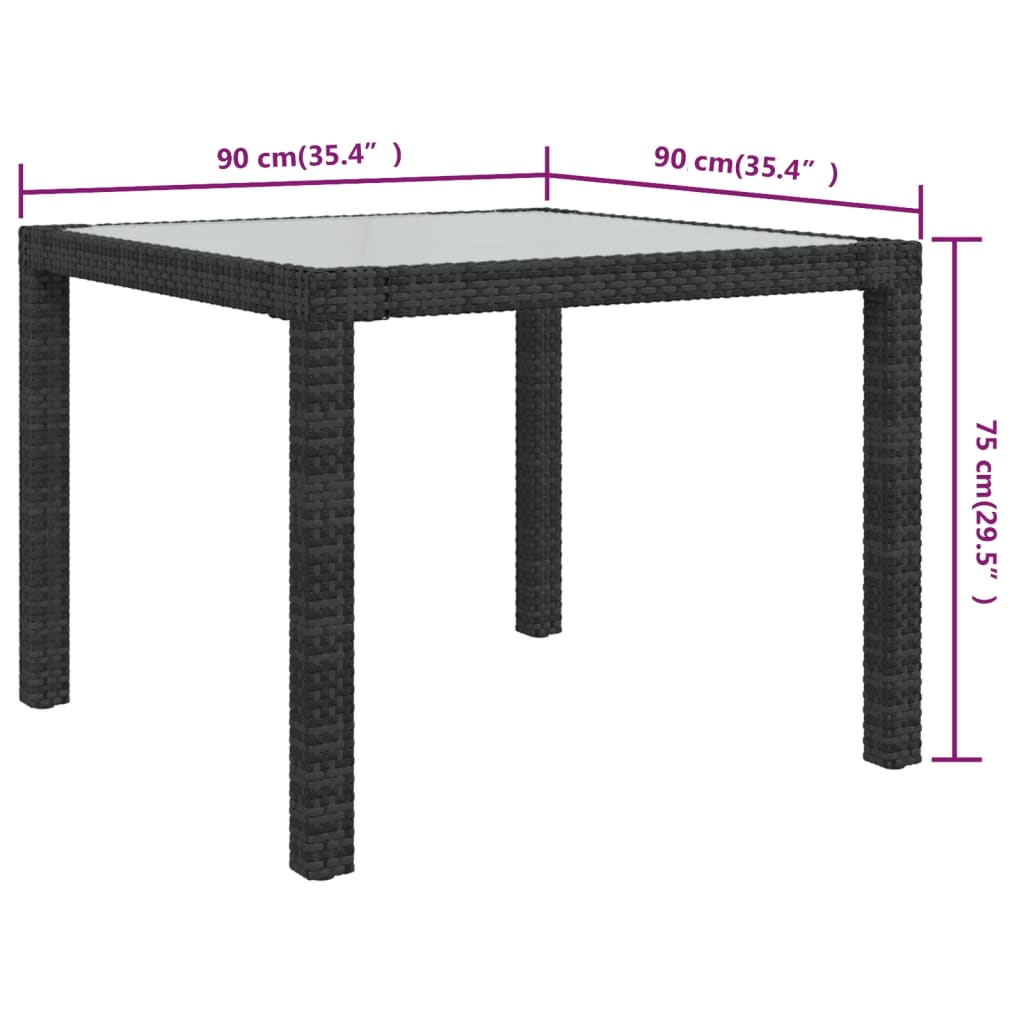 fekete polyrattan és edzett üveg kerti asztal 90 x 90 x 75 cm