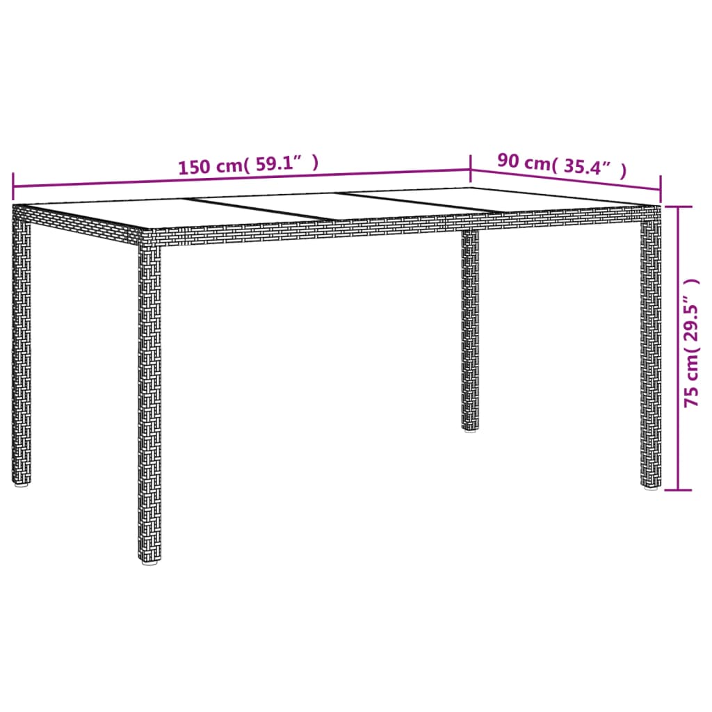 barna polyrattan és edzett üveg kerti asztal 150 x 90 x 75 cm