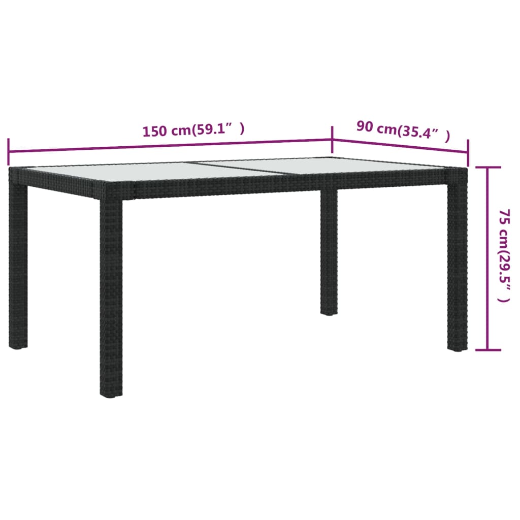 fekete polyrattan és edzett üveg kerti asztal 150 x 90 x 75 cm