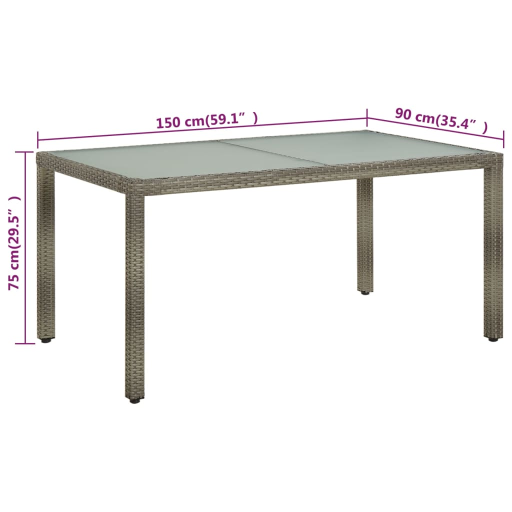 szürke polyrattan és edzett üveg kerti asztal 150 x 90 x 75 cm