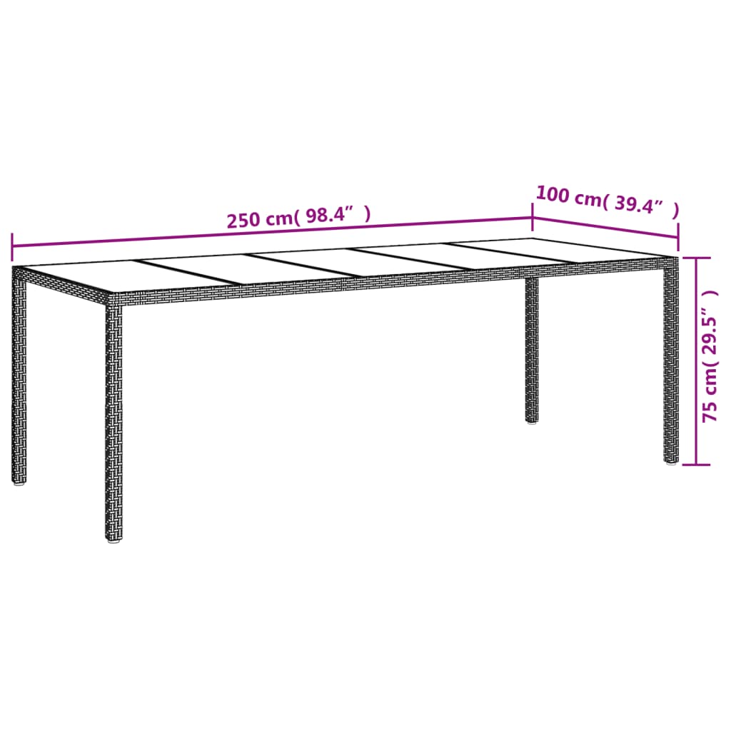 szürke edzett üveg és polyrattan kerti asztal 250 x 100 x 75 cm