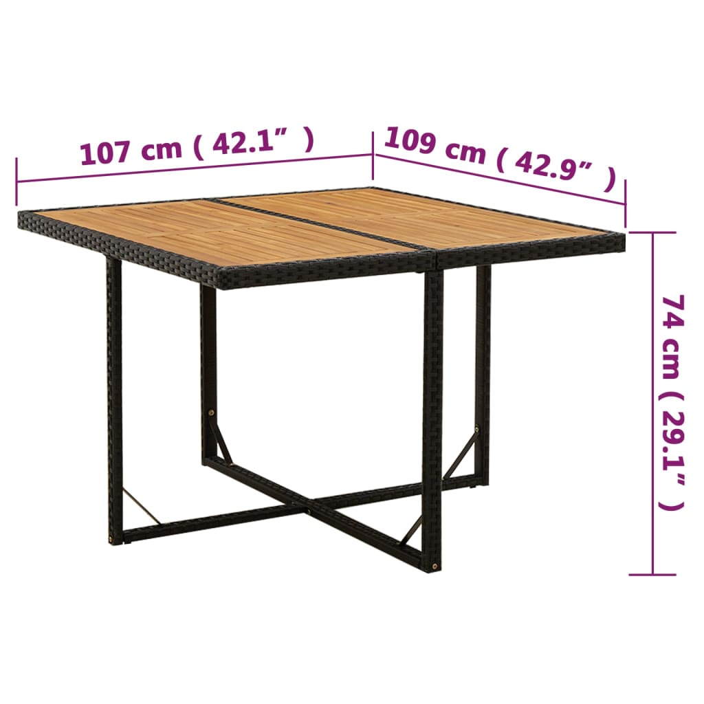 fekete polyrattan és tömör akácfa kerti asztal 109x107x74 cm