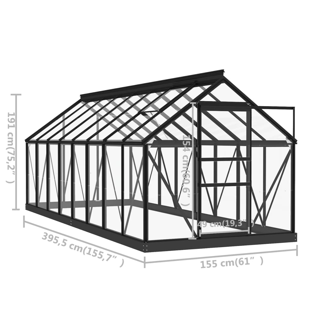 antracitszürke üveg és alumínium melegház 155 x 395,5 x 191 cm