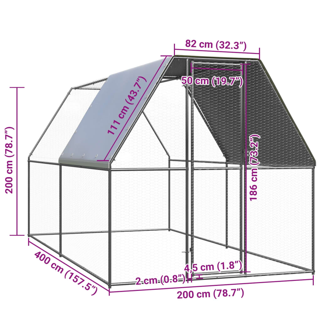 kültéri horganyzott acél tyúkól 2 x 4 x 2 m