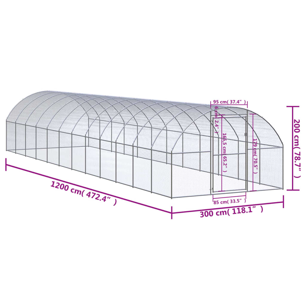 kültéri horganyzott acél tyúkól 3 x12 x 2 m