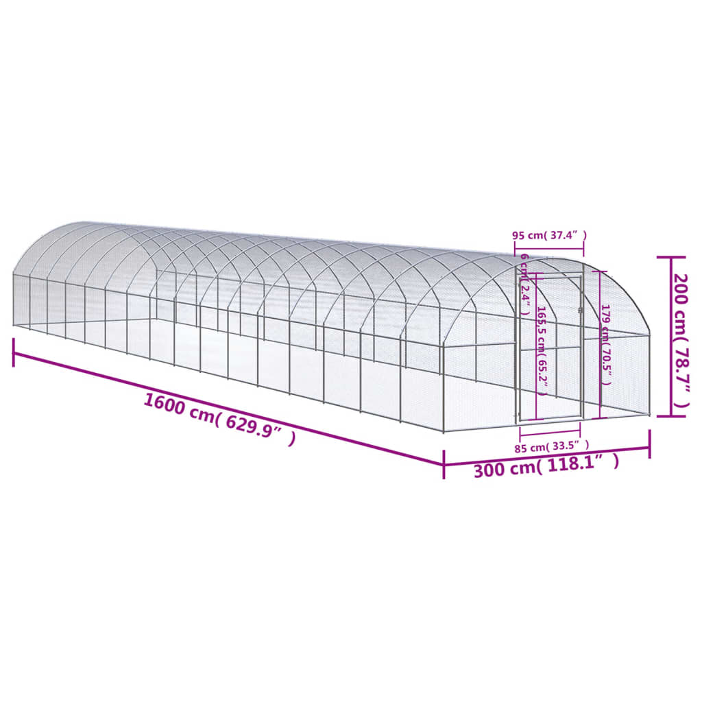 kültéri horganyzott acél tyúkól 3 x16 x 2 m