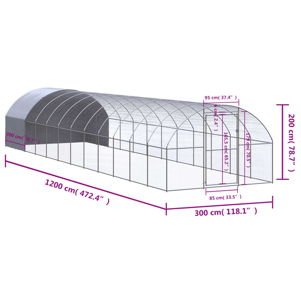 kültéri horganyzott acél tyúkól 3 x 12 x 2 m