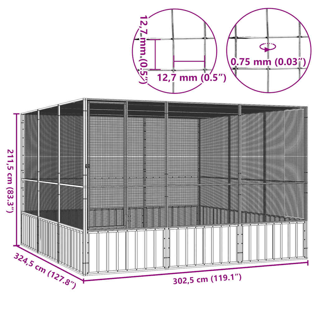 szürke horganyzott acél madárketrec 302,5x324,5x211,5 cm