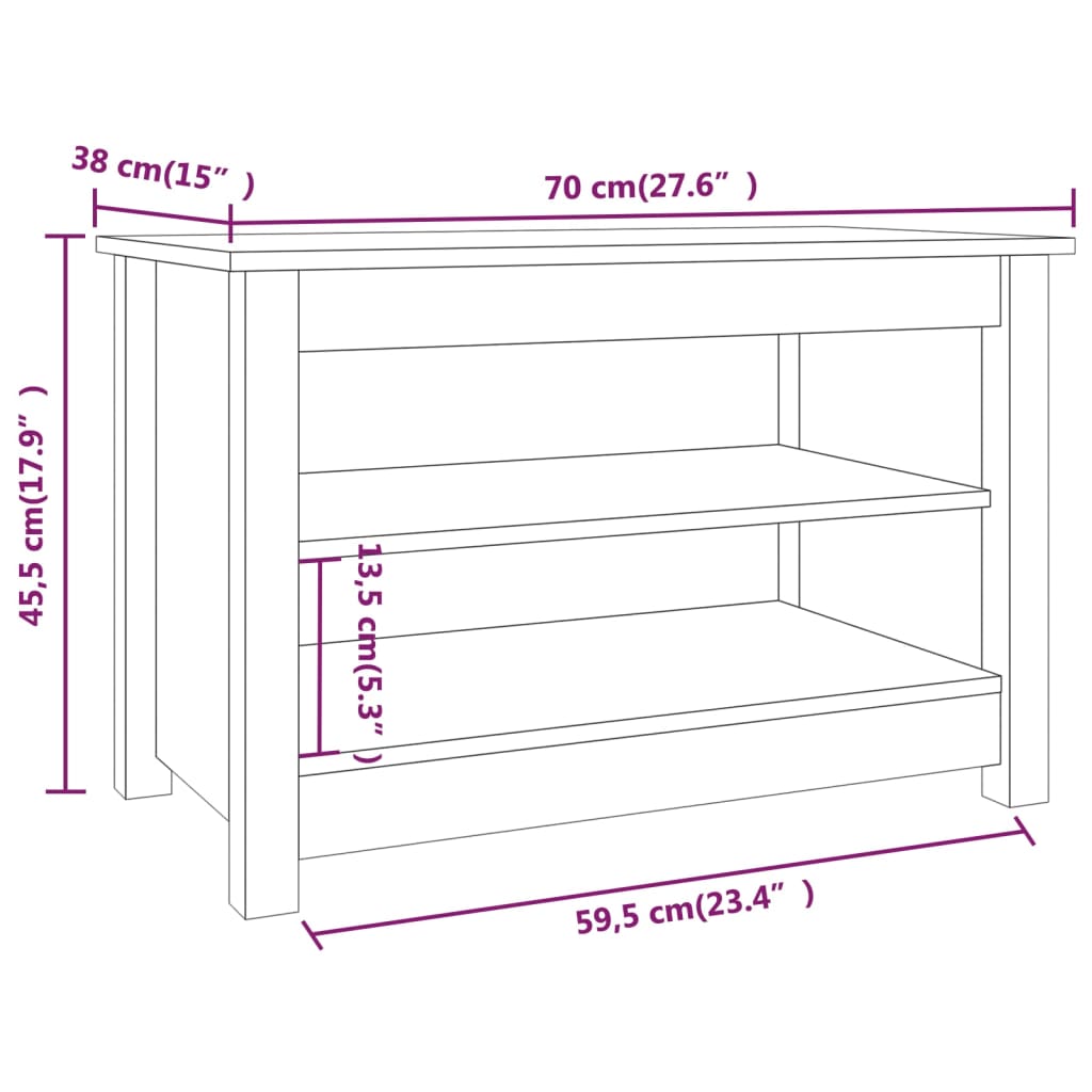fekete tömör fenyőfa cipőtároló pad 70x38x45,5 cm