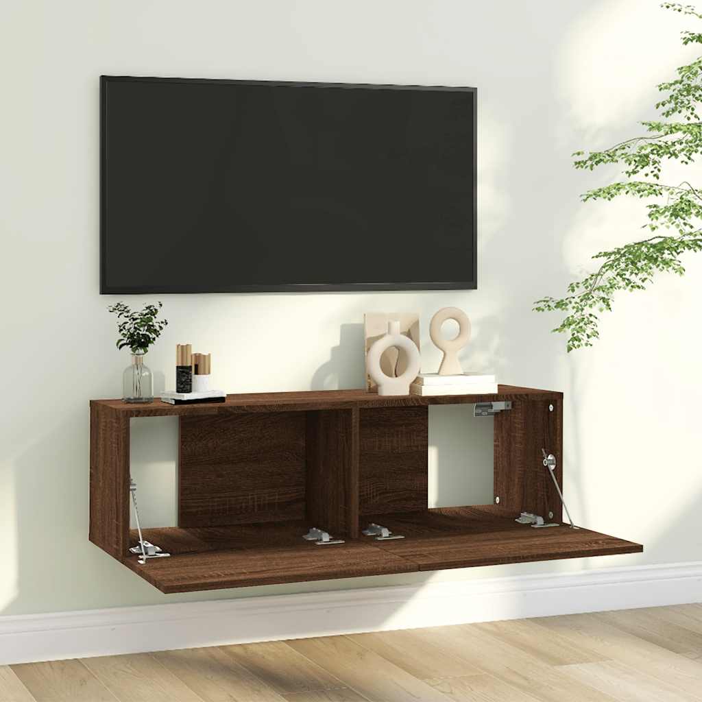 barna tölgyszínű szerelt fa fali TV-szekrény 100 x 30 x 30 cm