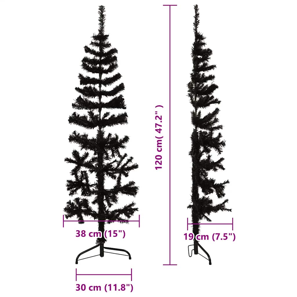fekete vékony fél műkarácsonyfa állvánnyal 120 cm