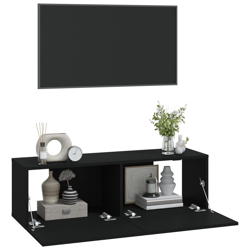 2 db fekete szerelt fa fali TV-szekrény 100 x 30 x 30 cm