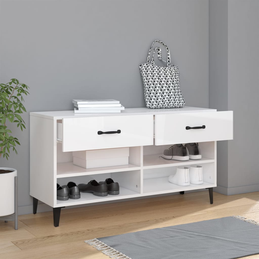 magasfényű fehér szerelt fa cipőszekrény 102x35x55 cm