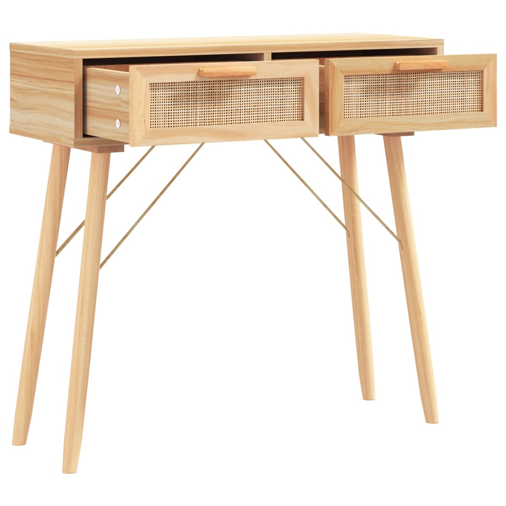 barna tömör fenyő és természetes rattan kisasztal 80x30x75 cm