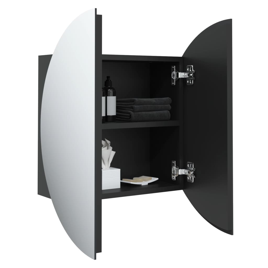 fekete fürdőszobaszekrény kerek tükörrel/LED-del 47x47x17,5 cm