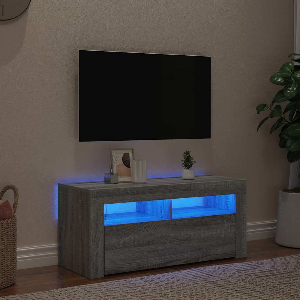 szürke sonoma színű TV-szekrény LED-világítással 90x35x40 cm
