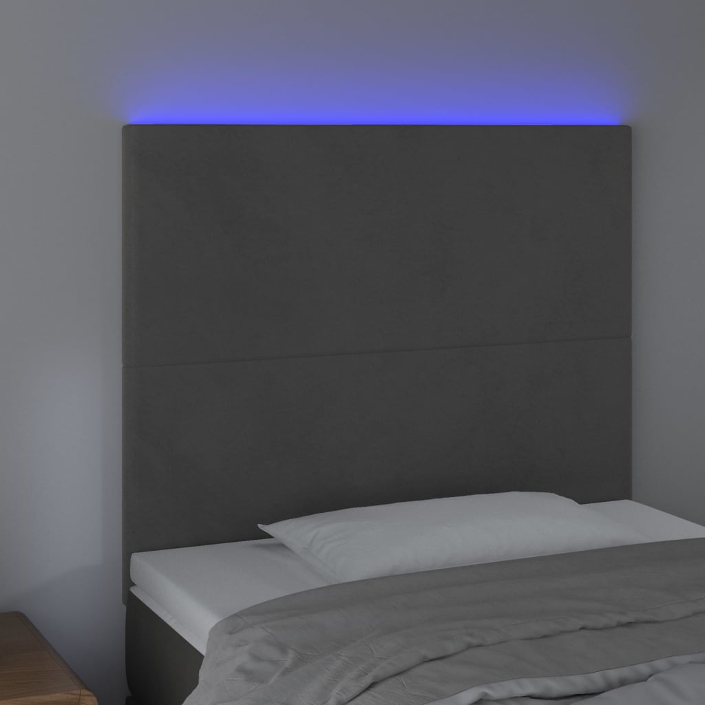 sötétszürke bársony LED-es fejtámla 90x5x118/128 cm