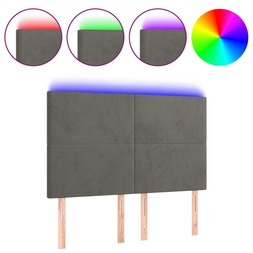 sötétszürke bársony LED-es fejtámla 144x5x118/128 cm