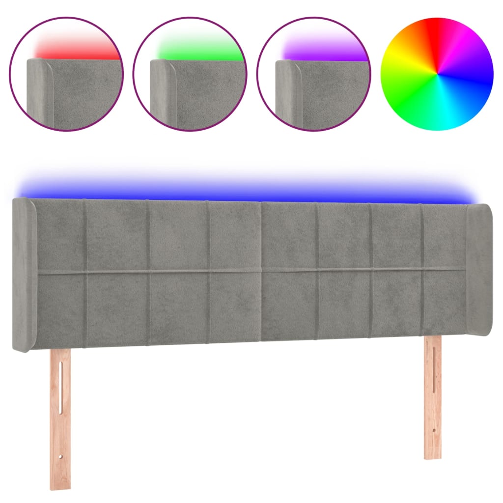 világosszürke bársony LED-es fejtámla 147 x 16 x 78/88 cm