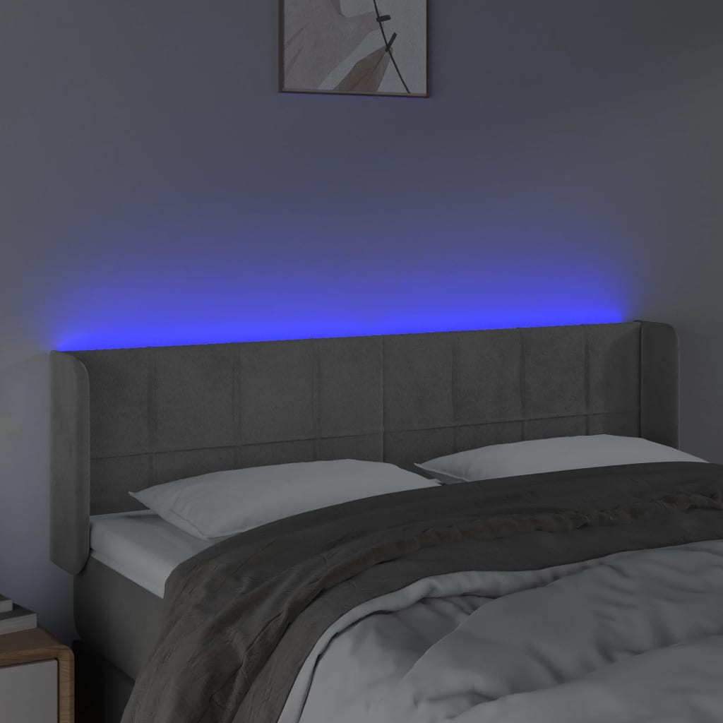 világosszürke bársony LED-es fejtámla 147 x 16 x 78/88 cm