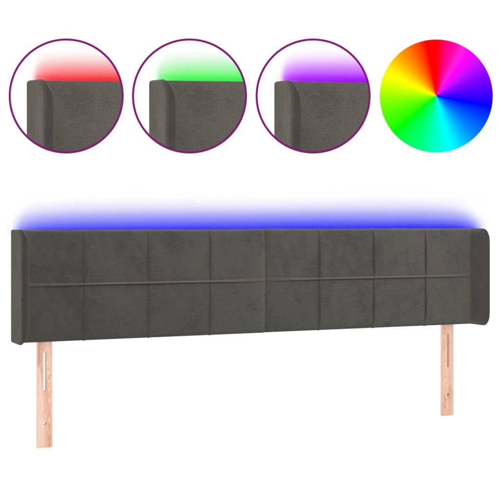 sötétszürke bársony LED-es fejtámla 183 x 16 x 78/88 cm