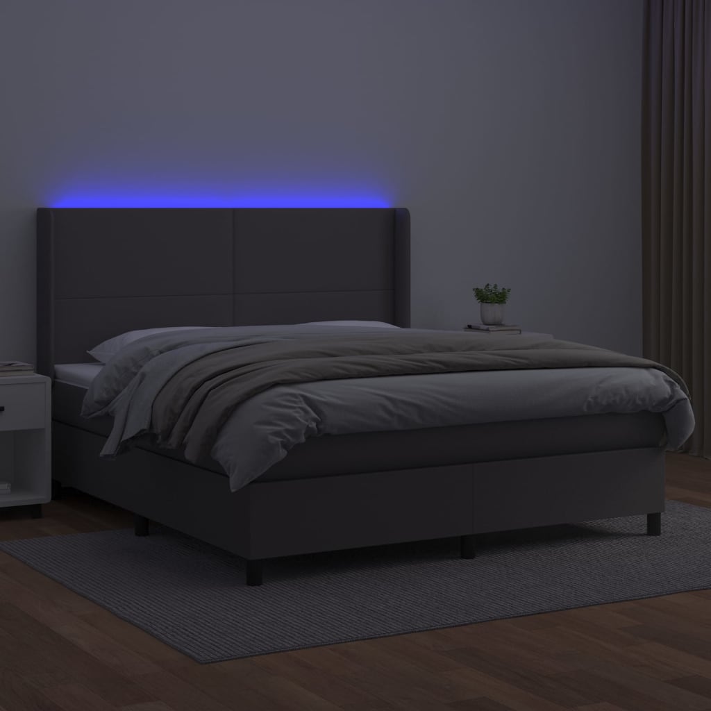 szürke műbőr rugós ágy matraccal és LED-del 160x200 cm