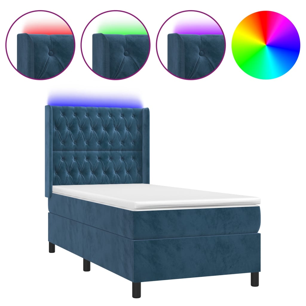 sötétkék bársony rugós és LED-es ágy matraccal 80 x 200 cm