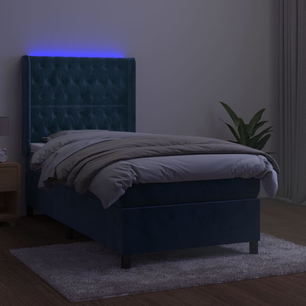 sötétkék bársony rugós és LED-es ágy matraccal 80 x 200 cm