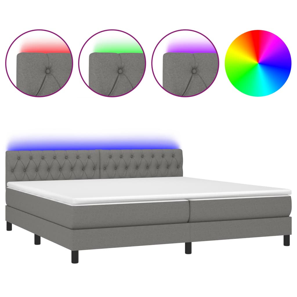 sötétszürke szövet rugós és LED-es ágy matraccal 200x200 cm