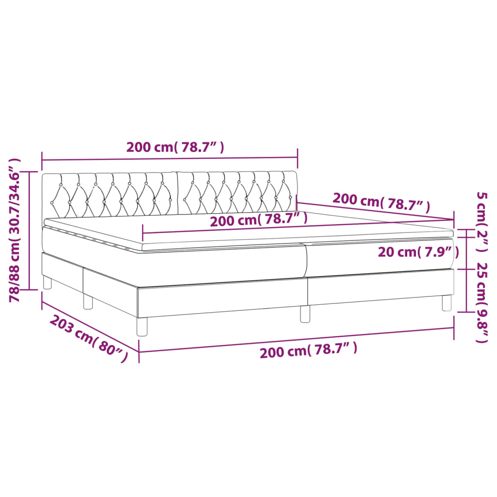 sötétszürke szövet rugós és LED-es ágy matraccal 200x200 cm