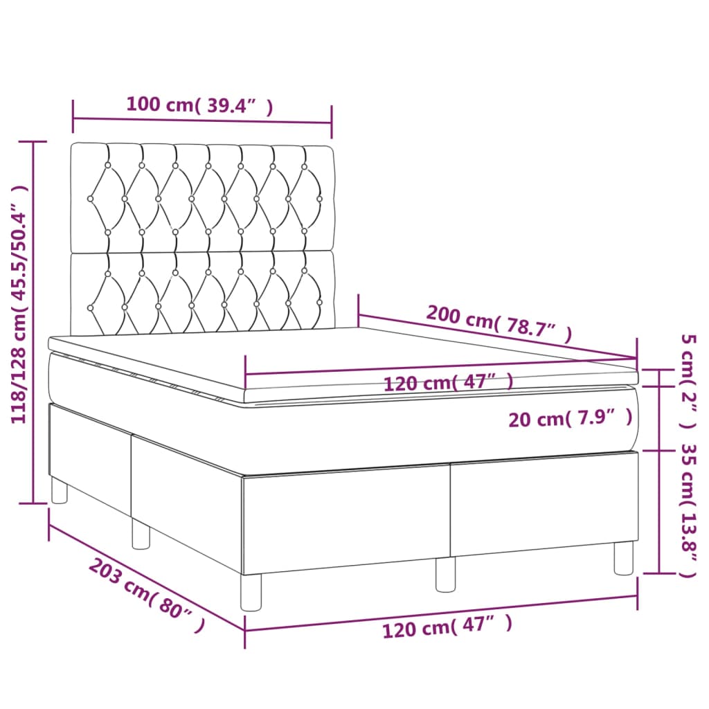 sötétszürke szövet rugós és LED-es ágy matraccal 120 x 200 cm