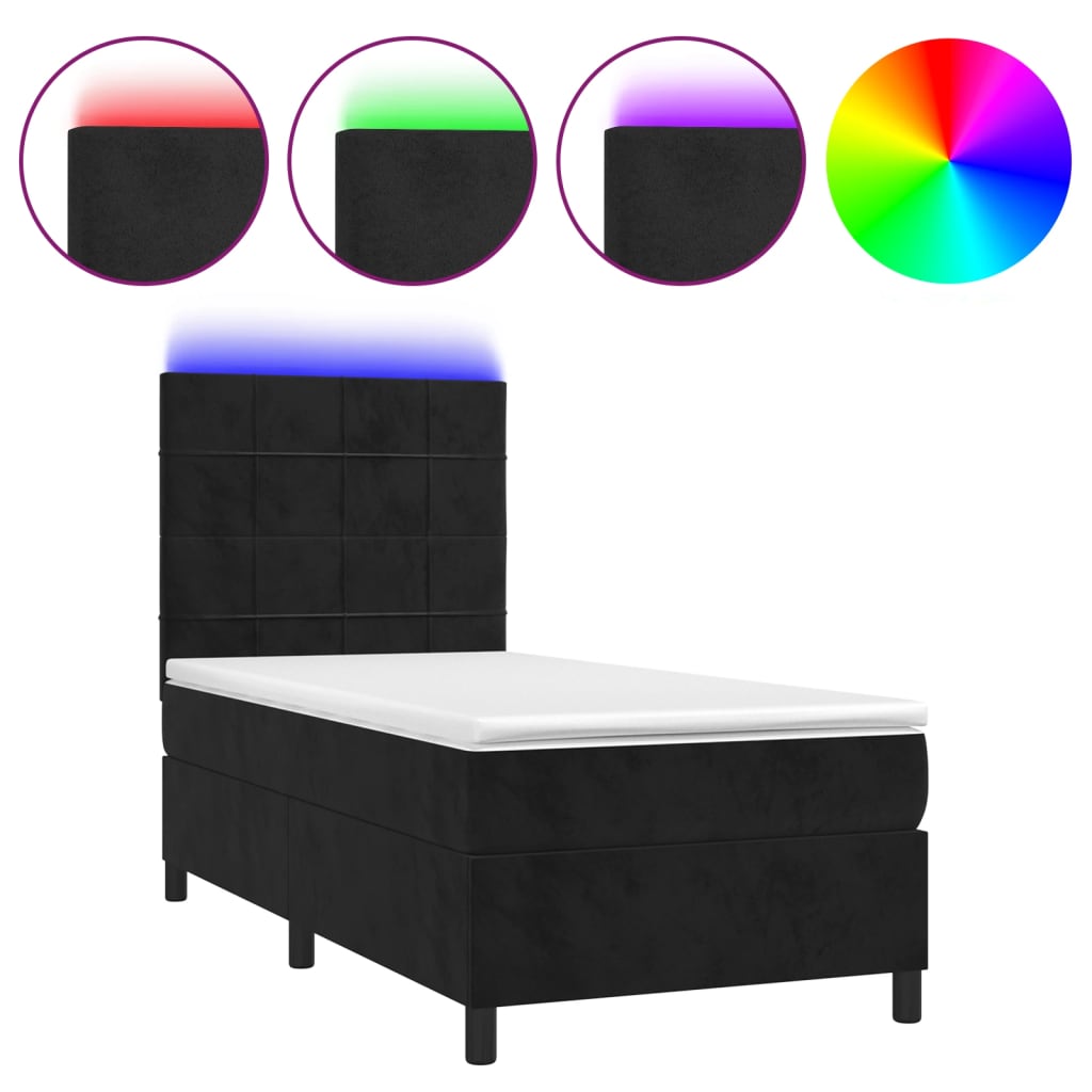 fekete bársony rugós és LED-es ágy matraccal 90x200 cm