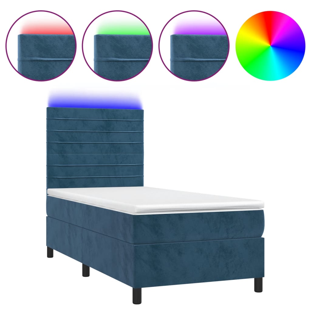 sötétkék bársony rugós és LED-es ágy matraccal 80 x 200 cm